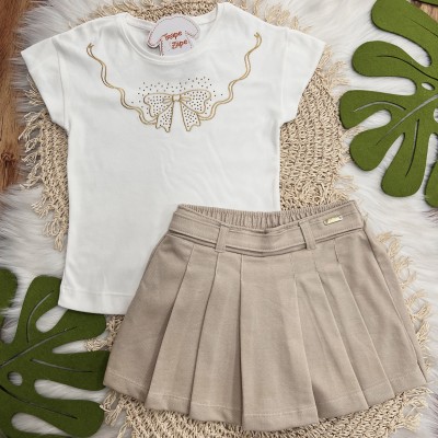 Conj. Blusa Off Laço Dourado e Shorts Saia Areia